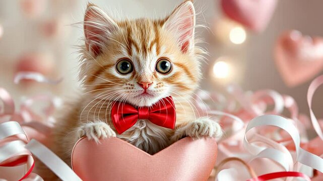 Cute kitten with red bowtie surrounded by heart-shaped decorations and ribbons