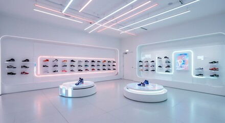 Sleek futuristic shoe store glows brightly under neon lighting. AI Generated