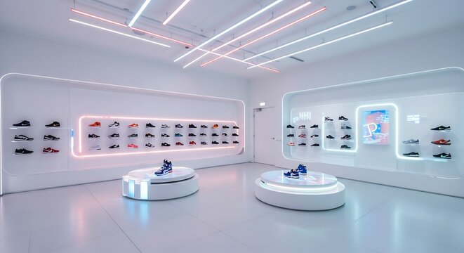 Sleek futuristic shoe store glows brightly under neon lighting. AI Generated - Powered by Adobe