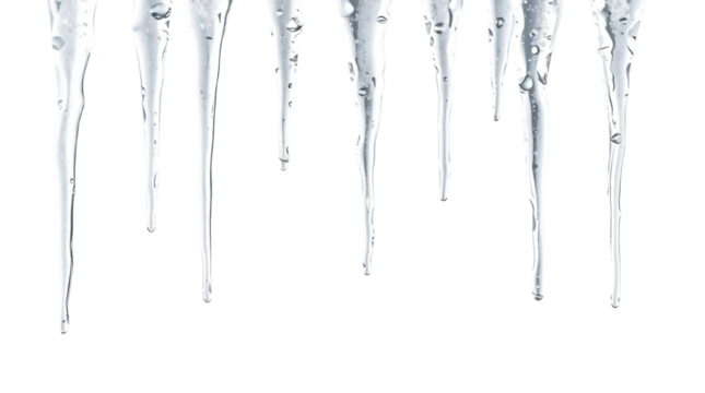 Crystal clear icicle drips isolated on transparent background