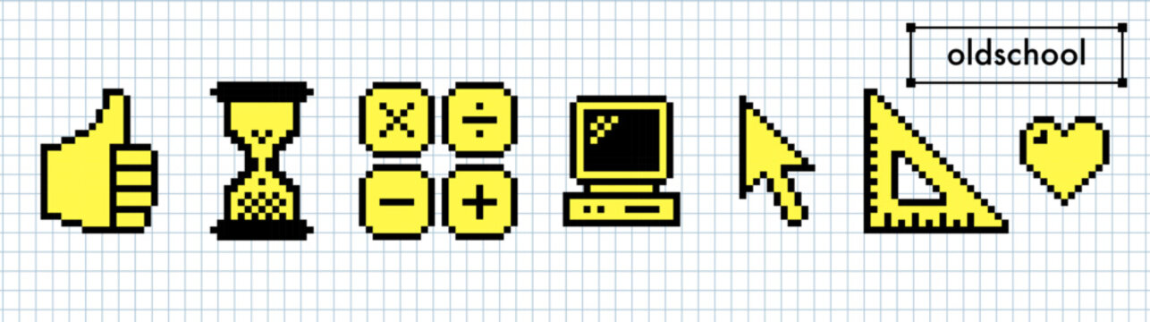 8 bit old school isolated vector elements over notebook grid for retro digital design. Pixel art nostalgic style sticker set. Retro personal computer icon, Pc, calculator, triangle, cursor, hourglass