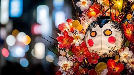 Warm lantern light casting a soft glow on detailed festival float decorations during nighttime celebrations