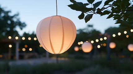 Warm glowing lanterns in close-up, hanging in rows with soft twilight light enhancing their shapes and textures