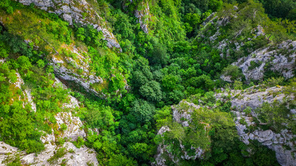 Aerial drone photography of Tasnei Gorges in Mehedinti Mountains, Romania, Europe
