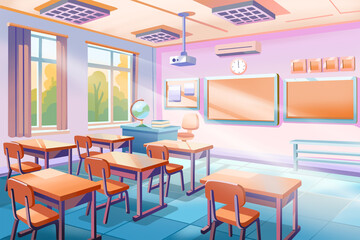 Classroom Interior with Desks and Whiteboard Illustration Background