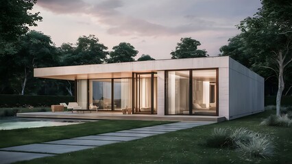 Obraz premium Modern minimalist house with large windows surrounded by lush greenery and pool