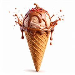 a light brown frozen dessert is presented in a waffle cone on a blank background. the dessert is drizzled with shiny chocolate topping that covers the top and drips down the sides