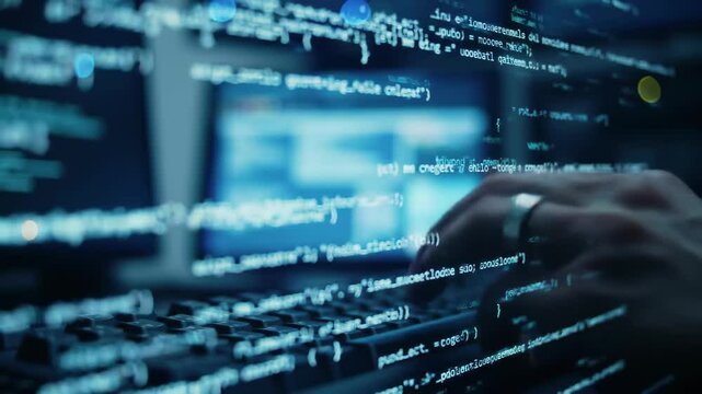 Hacker types rapidly on keyboard with glowing code displayed on monitors in dark room