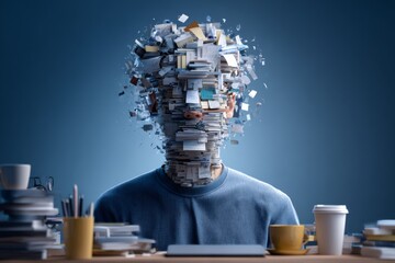 Portrait of a person with their face replaced by a cluttered office desk papers, phones, coffee cups stacked chaotically representing an overwhelmed inner world 