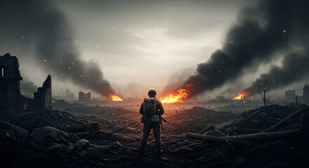 Lone Soldier Standing in Post-apocalyptic Grey Landscape with Burning Ruins