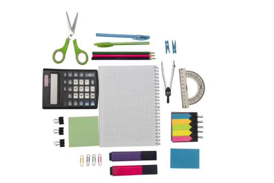 School and office supplies, pens, pencils, ruler, compass, calculator on a white background.
