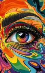 Fototapeta premium Vibrant psychedelic eye portrait with colorful swirls, creating a surreal and captivating artwork