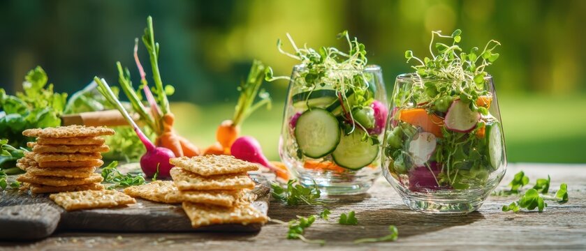 The fresh vegetable salad arrangement with crackers on a rustic wooden table.