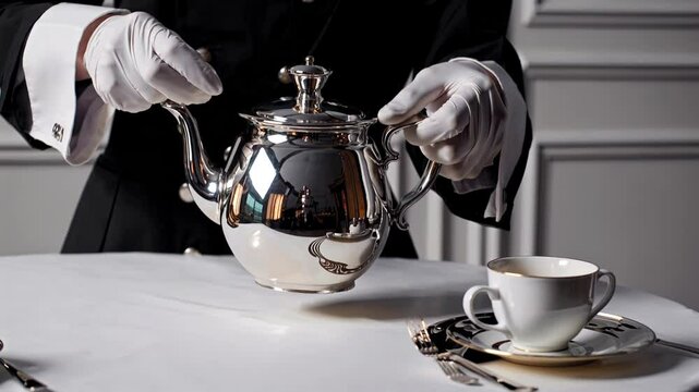 Professionally dressed waiter wearing pristine white gloves carefully pouring steaming tea from ornate silver teapot into delicate porcelain cup atop crisp white tablecloth