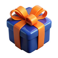 Vibrant blue gift box with an orange ribbon and bow against a black background