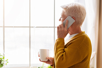 Side view of old grey-haired lady grandmother talking on phone with family or friends while drinking coffee or herbal tea in cozy kitchen at home, looking through a panoramic window