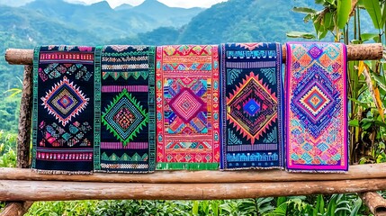 Traditional textile decorations draped over wooden beams and structures, showcasing detailed patterns and vibrant colors