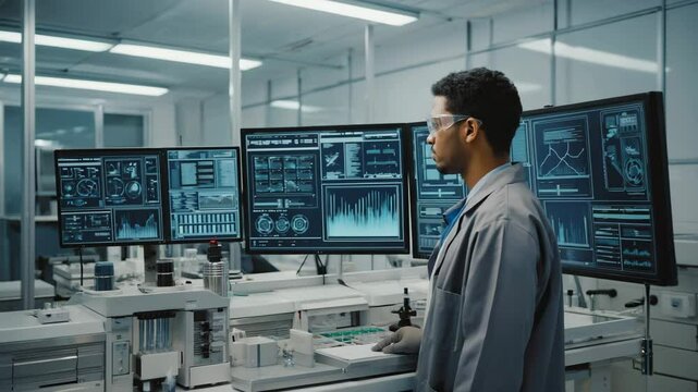 A focused scientist meticulously analyzes data on multiple monitors in a modern laboratory setting. - Powered by Adobe