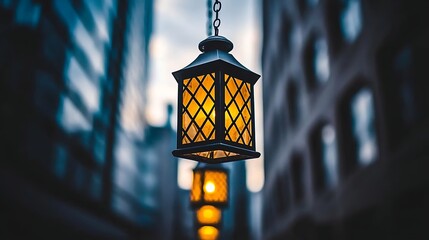 Traditional lanterns glowing softly beneath a deepening twilight sky suspended between closely spaced buildings