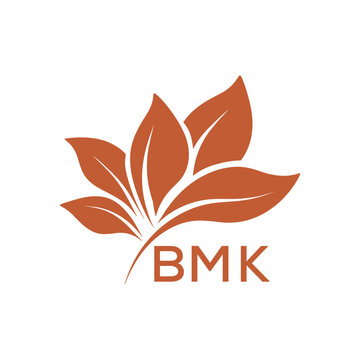 BMK Minimalist Leaf Logo Design with Text BMK, Botanical Nature Logo with Leaves in Brown, BMK Later Logo, Abstract Floral Logo for Natural Products.
