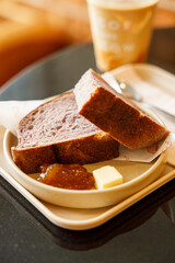 Homemade sourdough bread slices and jam. High protein flour.