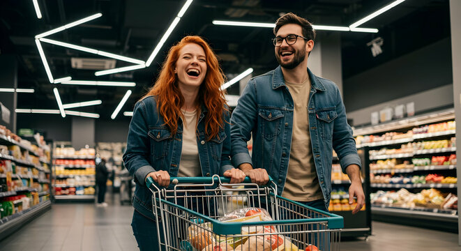 Happy couple grocery shopping together enjoying their weekend fun time at the supermarket