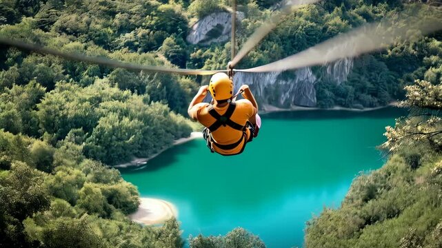 A man in a yellow shirt and helmet enjoys a thrilling zipline ride over a scenic landscape. - Powered by Adobe