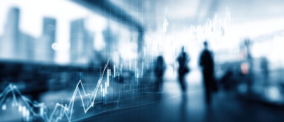 The financial growth graph with silhouettes of business professionals in a modern urban setting.