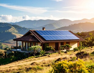 Obraz premium Modern House with Solar Panels in Minas Gerais, Brazil, Surrounded by Beautiful Rolling Hills and Sustainable Energy Solutions