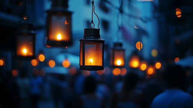 Softly flickering lanterns hanging in multiple rows at dusk along historic Gion pathways with warm, inviting illumination