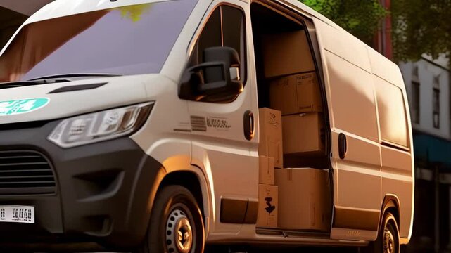 Delivery van loaded with cardboard boxes at sunset, parked on city street.