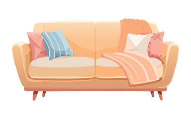 Warm Light Brown Sofa with Pillows and Blanket