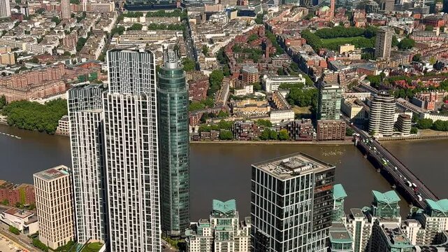 Aerial view of the Vauxhall and Nine Elms development, River Thames, US Embassy and Battersea Power Station, London UK.
