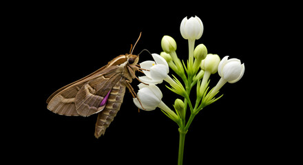 Closeup of a brown moth on a white flower black background nature insect wildlife macro photography