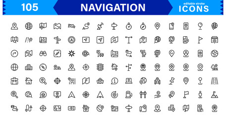Navigation Icon Set Featuring Map, Compass, Direction, Location, and GPS Concepts in a Simple, Download-Ready, and Professional Vector Style