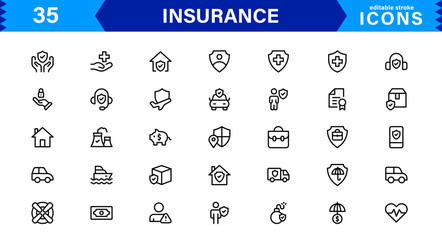 Insurance Icon Set Featuring Protection, Policy, Coverage, Claims, and Risk Management Concepts in a Clean, Professional, and Marketable Vector Style