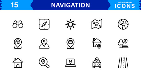 Navigation Icon Set Featuring Map, Compass, Direction, Location, and GPS Concepts in a Simple, Download-Ready, and Professional Vector Style