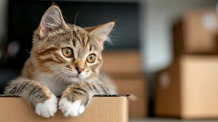 Adorable tabby kitten with captivating eyes peering out from a cardboard box, a cute pet image perfect for advertising or greeting cards.