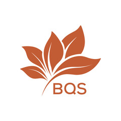 BQS Minimalist Leaf Logo Design with Text BQS, Botanical Nature Logo with Leaves in Brown, BQS Later Logo, Abstract Floral Logo for Natural Products.
