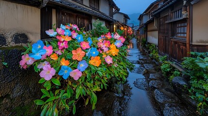 Post-celebration Kyoto street with fading festival decorations cloaked in early morning mist creating a tranquil mood