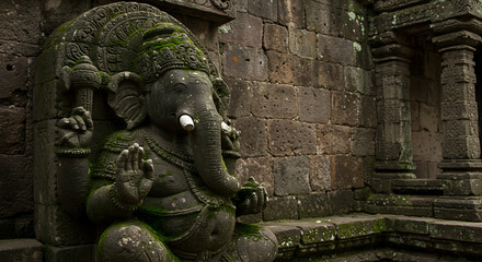 Ancient stone carving of Ganesha, a Hindu deity, nestled within weathered temple walls.