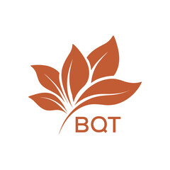 BQT Minimalist Leaf Logo Design with Text BQT, Botanical Nature Logo with Leaves in Brown, BQT Later Logo, Abstract Floral Logo for Natural Products.
