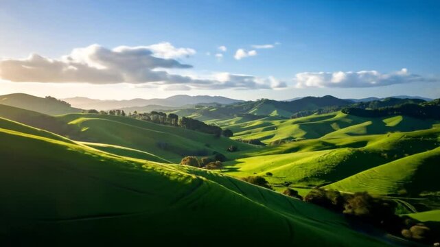 Aerial View of Rolling Green Hills at Sunrise in Raglan, New Zealand, Aotearoa
