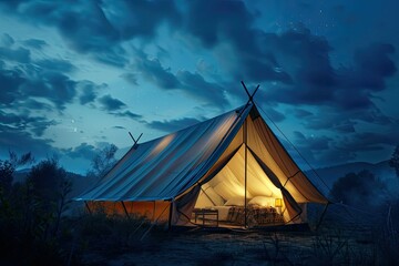 High Resolution Picture of View of Illuminated Tent Against Sky at Night