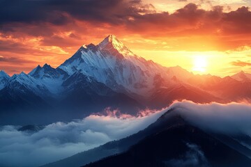 Majestic mountain peak bathed in fiery sunset. Clouds swirl around foothills