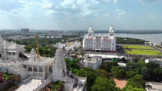 Hyderabad, India: Aerial view of Birla Mandir, iconic Hindu temple in capital and largest city of Indian state of Telangana - landscape panorama of South Asia from above
