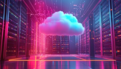 Futuristic server room with a large cloud graphic