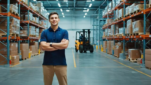 An confident warehouse employee is standing in a vast warehouse and looks directly at the camera with a welcoming attitude.
