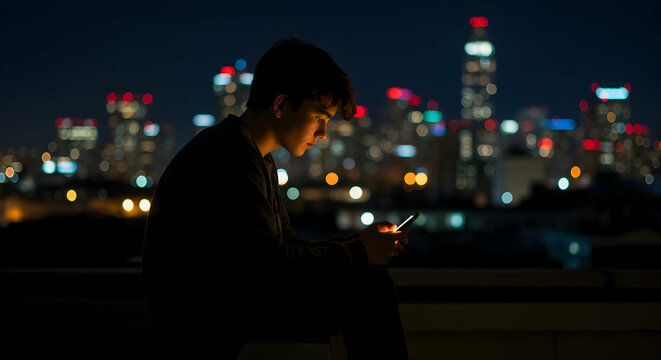 Night City Lights Young Man Using Smartphone Urban Lifestyle Technology