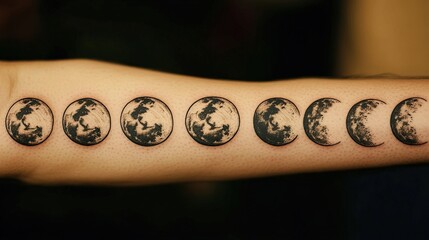 A moon phase tattoo showing all the phases from new moon to full moon, arranged in a row across the forearm or spine.
